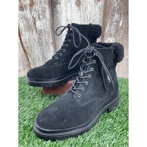 Lauren Ralph Lauren Carlee Black Suede Combat Boots Faux-shearling Women's 7.5